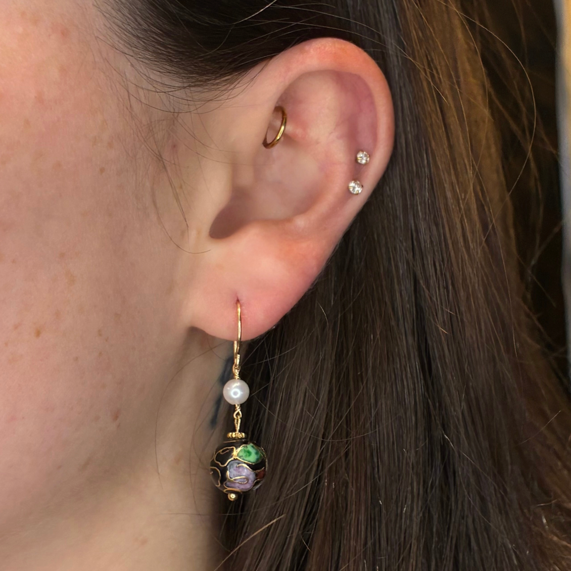Vintage Cloisonne and Pearl Earrings