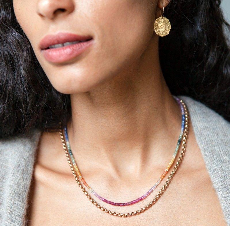 Rebekah Brooks jewelry, romani coin earring, vintage inspired earrings, gypsy inspired earrings, coin earrings, gold vermeil vintage jewelry, vintage and antique, antique jewelry, antique inspired jewelry, ancient jewelry, ancient inspired, 14k gold vermeil, 14k gold vermeil earrings, handmade earrings, straight beaded necklace, rainbow sapphire necklace, sapphire beaded necklace, handmade beaded necklace, handmade sapphire necklace, hand beaded necklace, 14k gold necklace, 14k gold sapphire necklace