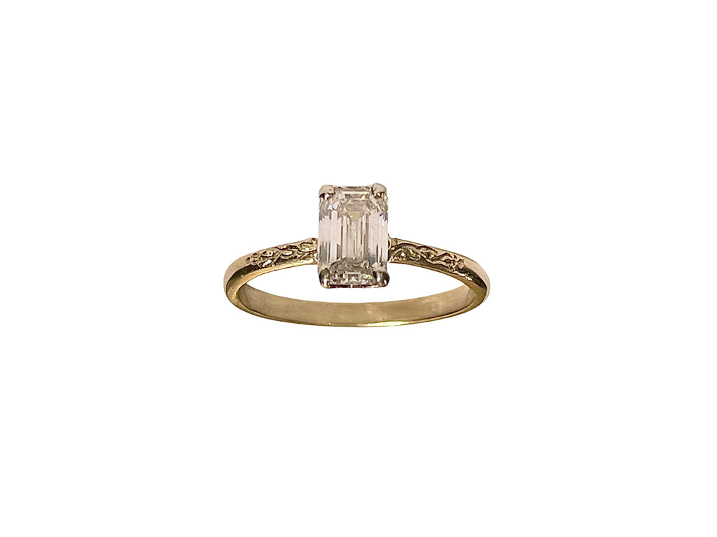 Hand Engraved Emerald Cut Diamond Ring