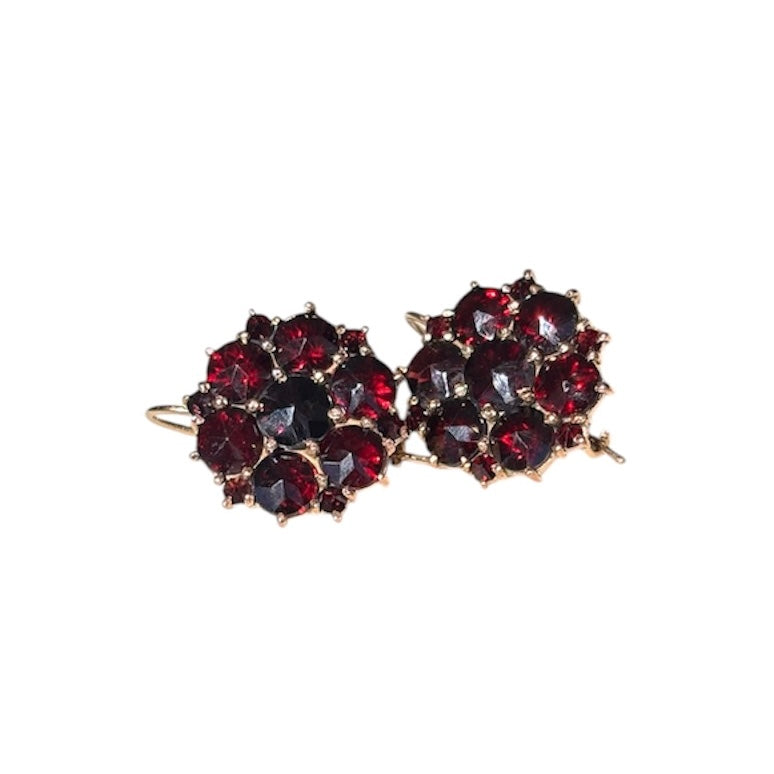Antique Bohemian Garnet Floral Cluster Earrings