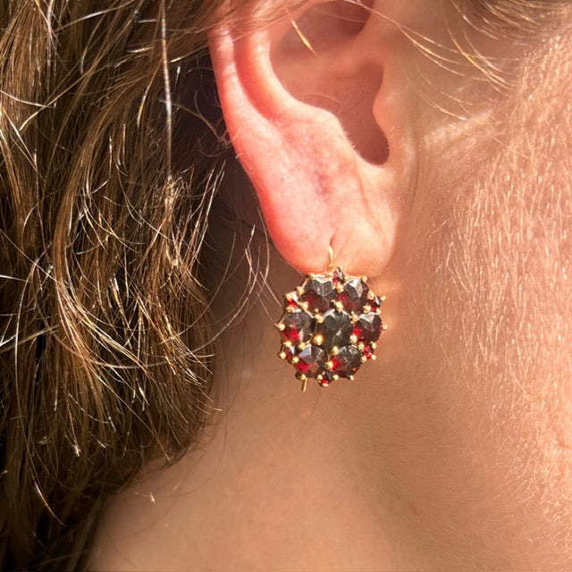 Antique Bohemian Garnet Floral Cluster Earrings