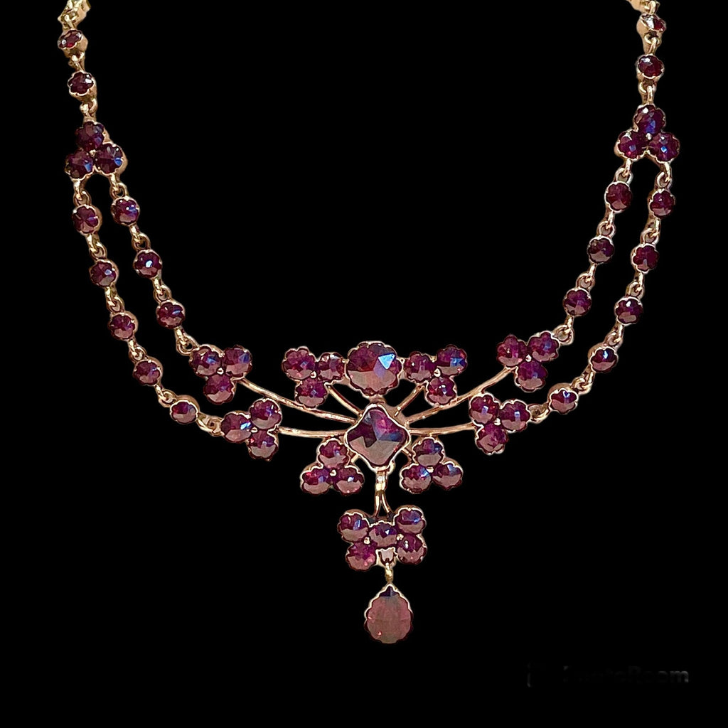 Antique Bohemian Garnet Floral Bib Necklace