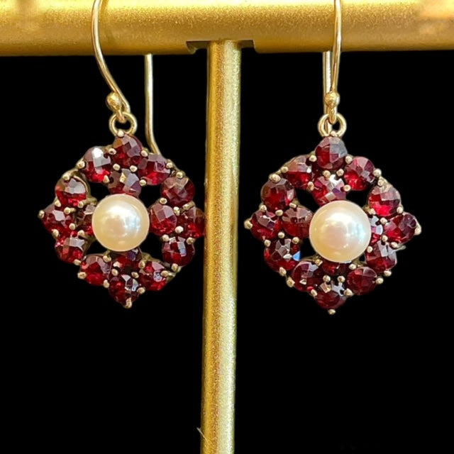Antique Bohemian Garnet and Pearl Drop Earrings