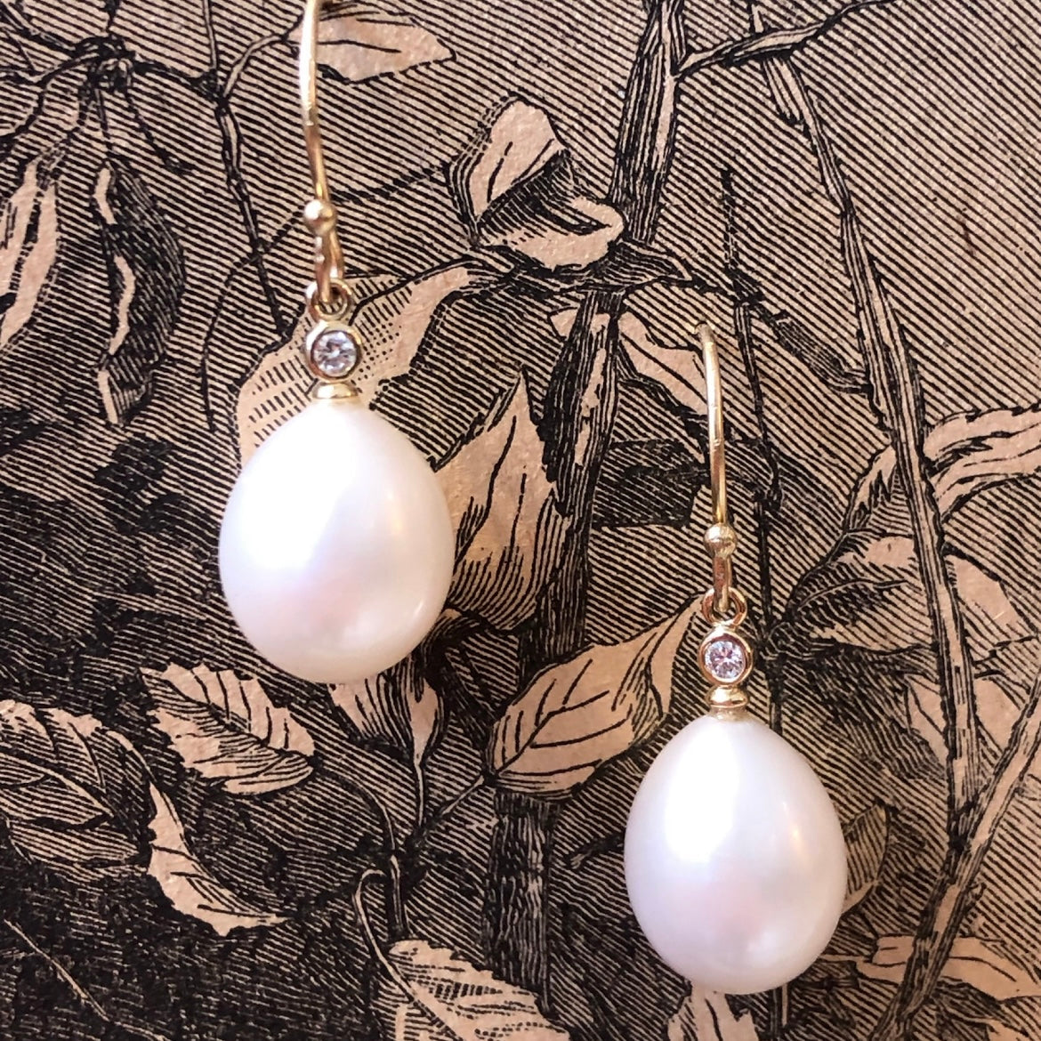 14k Pearl and Diamond Drop Earrings