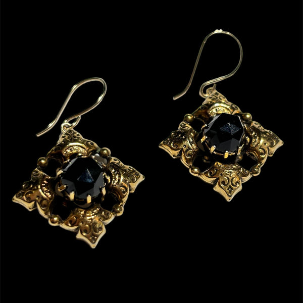Vintage Ornate Gold Onyx Earrings