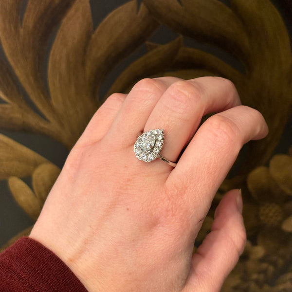 Vintage Platinum Pear Diamond Halo Engagement Ring