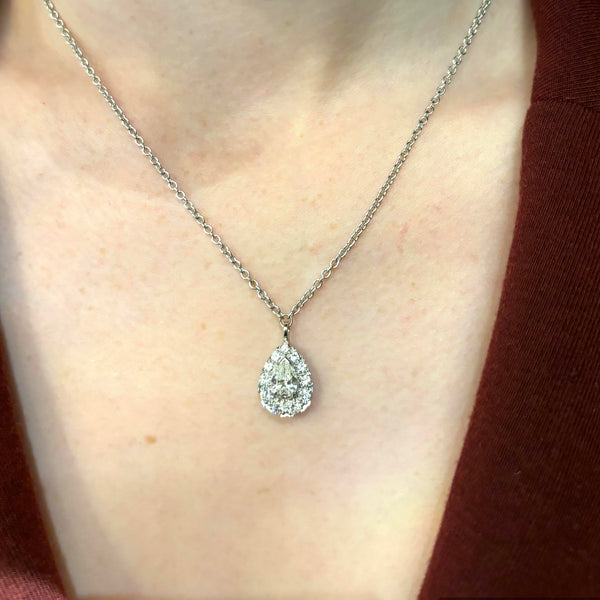 Vintage Platinum Pear Diamond Halo Necklace