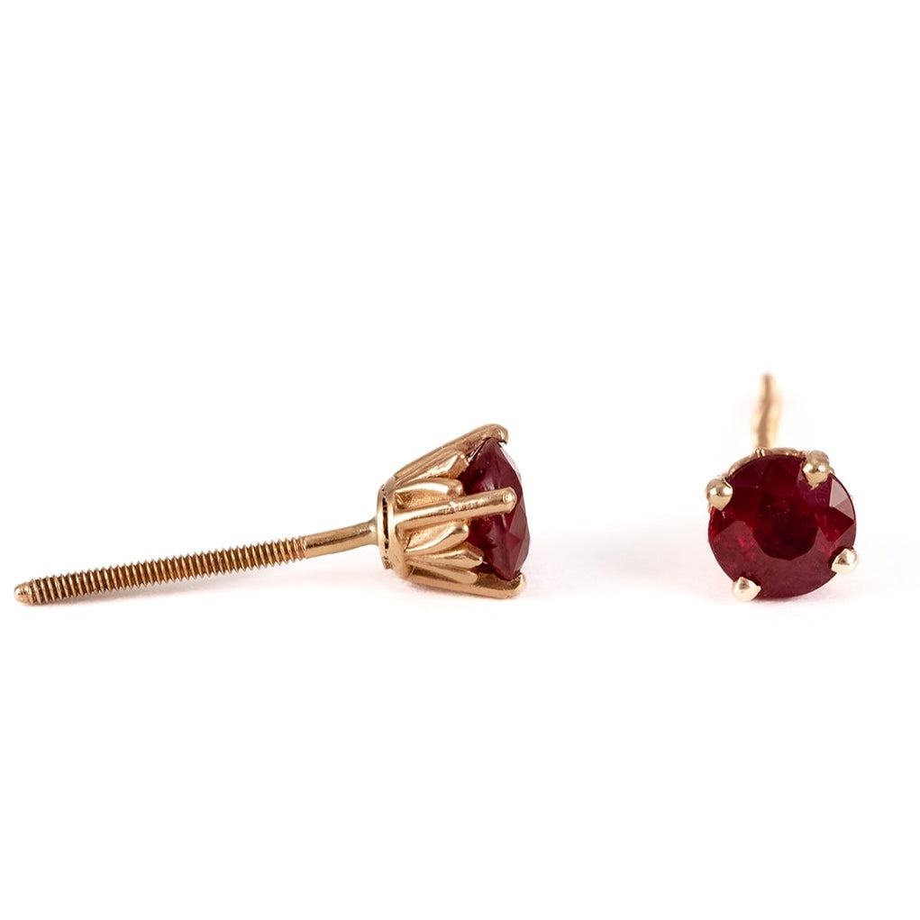 14k gold screw back earrings, vintage and antique, ruby gemstone earrings, round ruby earrings, 14k gold stud earrings, handmade stud earrings, handmade 14k gold jewelry, four prong stud earrings, ruby gemstone earrings, ruby earrings