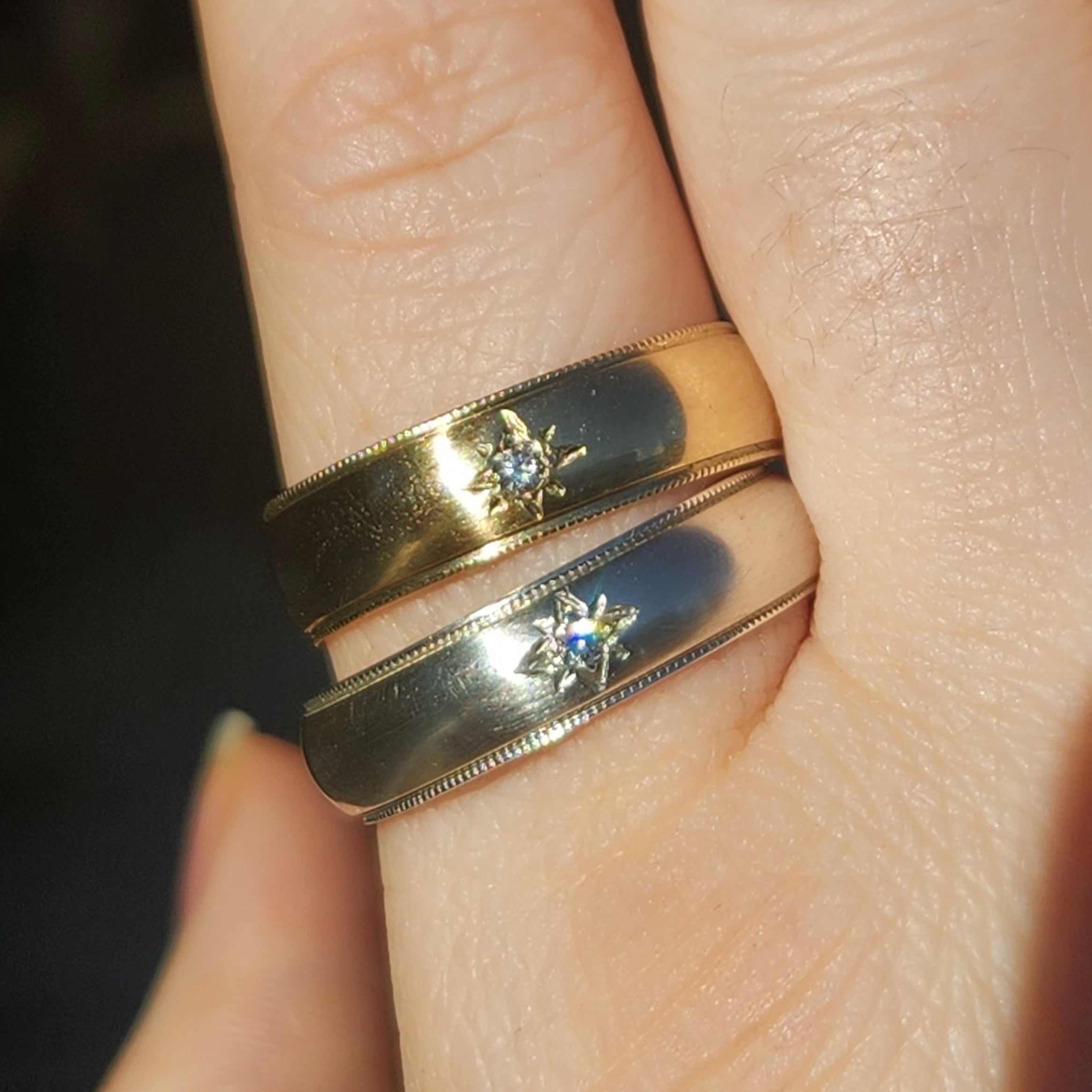 5mm 14k yellow gold and 14k white gold rings with a single round brilliant diamond inlaid in the band and hand engraved star detailing around, vintage and antique, handmade rings, handcrafted gold ring, custom wedding bands, 14k white gold diamond ring, 14k yellow gold diamond ring