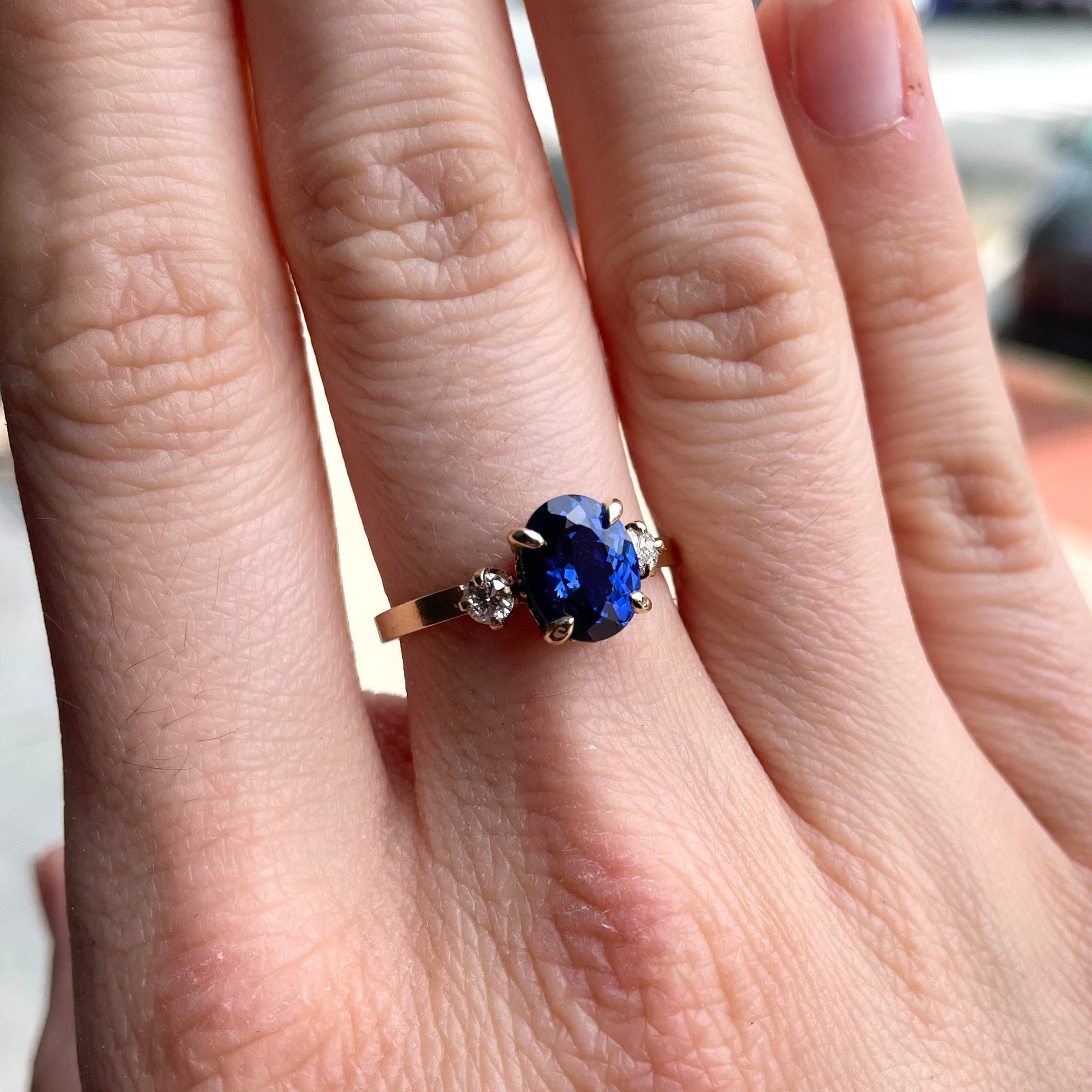 14k Yellow Gold Oval Sapphire and Diamond Trio Ring