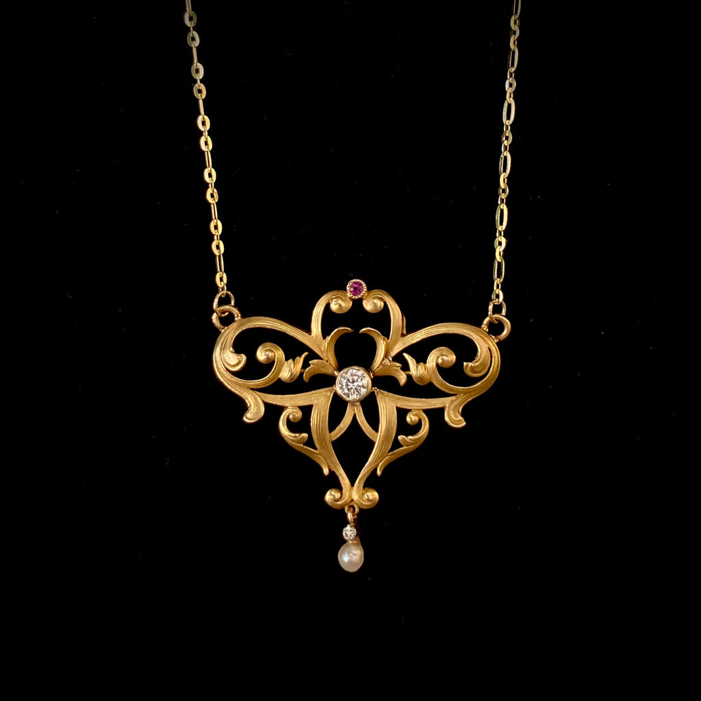 Art Nouveau Diamond and Ruby Scroll Necklace