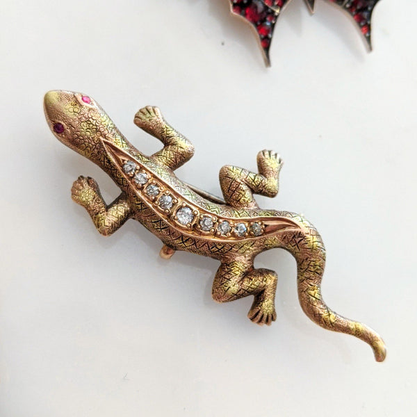 Art Deco Diamond and Ruby Lizard Pin and Necklace