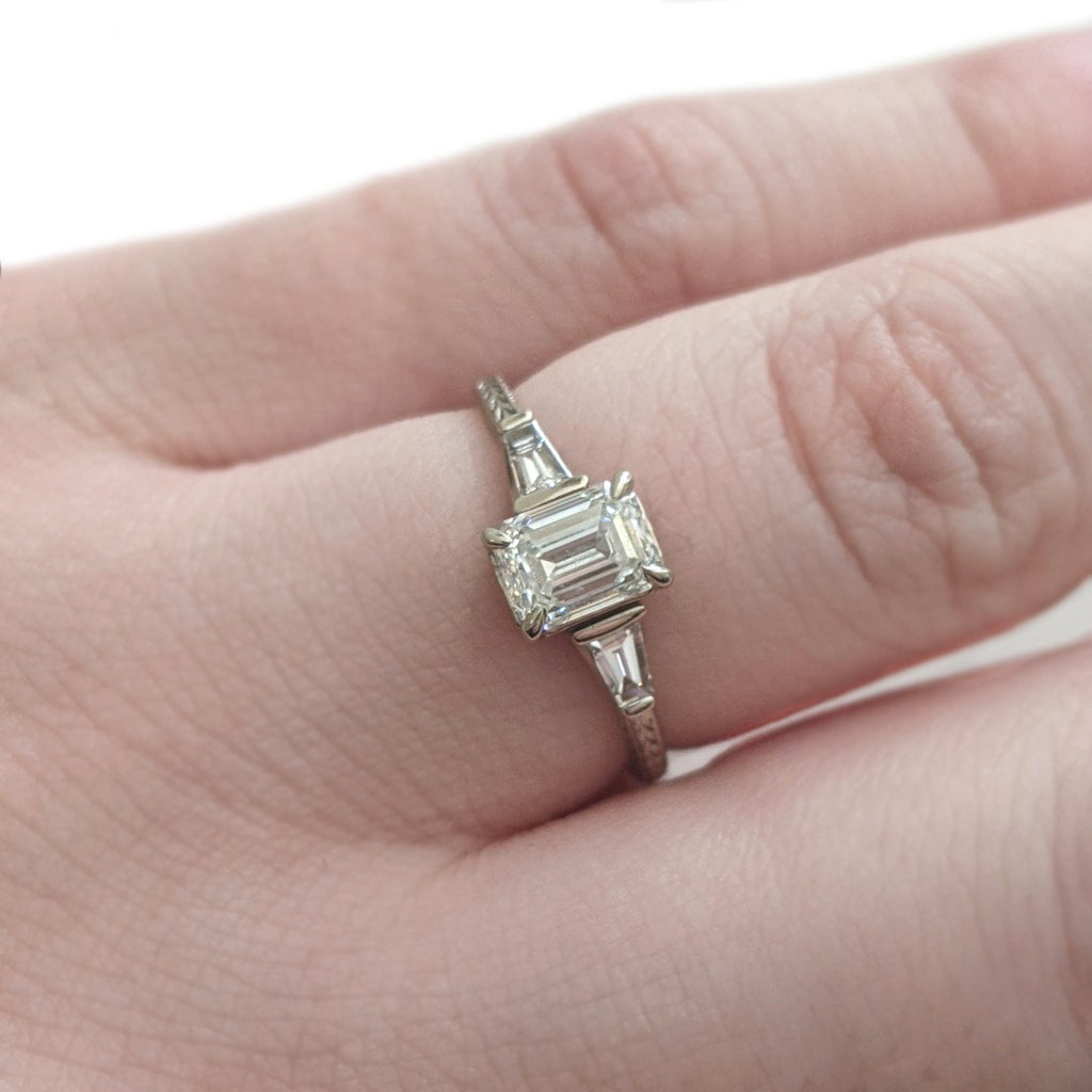 4.30ct Emerald Cut Moissanite 3 Stone Princess Cut Diamond Engagement Ring  Bridal Set 14k White Gold / Front Jewelers