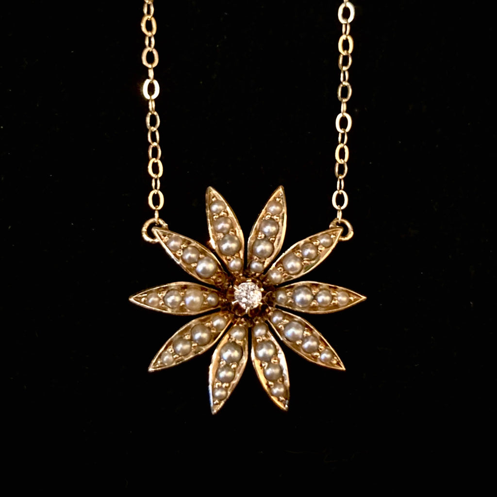 Victorian Seed Pearl and Diamond Flower Necklace
