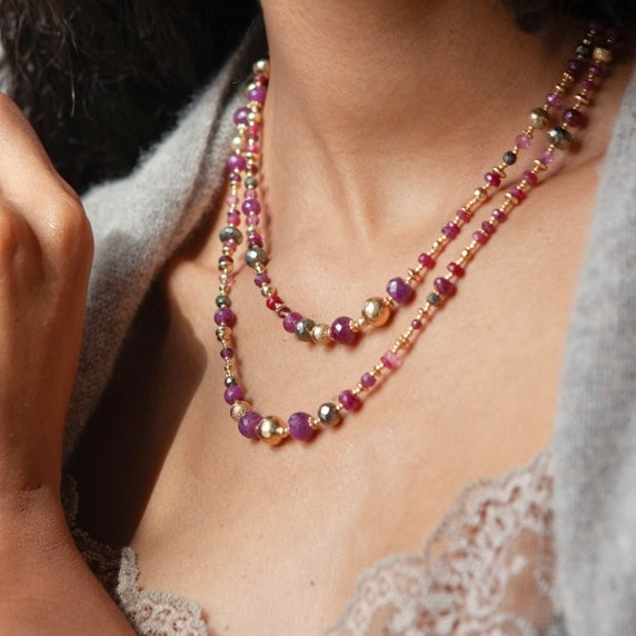 Dainty Peach Pearls With Purple Garnet Beads Necklace - Pure Pearls